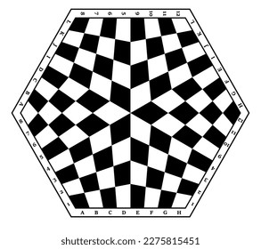 Hexagonal chessboard for three players with chess pieces. Chess pieces in flat style. Silhouettes of chess pieces. Chessboard. Vector illustration of the chess isolated on white background