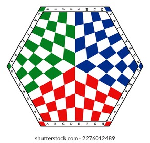 Hexagonal chessboard for three players with chess pieces. Chess pieces in flat style. Silhouettes of chess pieces. Chessboard. Vector illustration of the chess isolated on white background