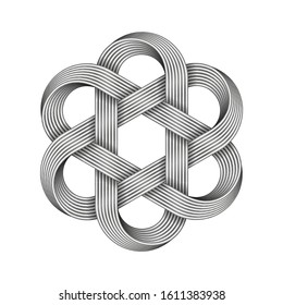 Hexagonal chinese knot made of crossed metal wires. Ancient traditional symbol. Vector illustration isolated on white background.