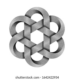 Hexagonal chinese knot made of crossed stippled tapes. Ancient traditional symbol. Vector illustration isolated on white background.