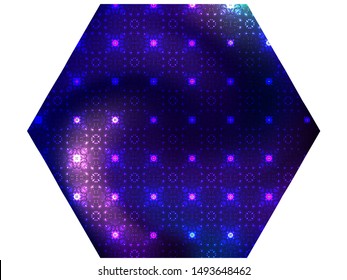 Hexagonal chromatic background with a flower ornament. Creative backdrop in style of 70h. Trendy soft color hexagon. Violet effective modern screen design for brochure, calendar, cards or invitation.