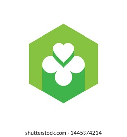 Hexagonal Clover and Heart Shape Icon, Green Hexagon Logo, Flat Design Style Illustration