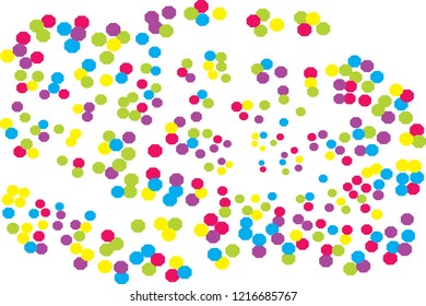 Hexagonal colorful confetti backdrop. Blue yellow red green violet polygons vector geometric backdrop. Scattered geometric confetti holiday design. Funky carnival splash elements