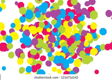 Hexagonal colorful confetti backdrop. Blue yellow red green violet polygons vector geometric backdrop. Scattered geometric confetti holiday design. Funky carnival splash elements