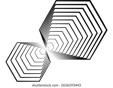Hexagonal composition. Vector pattern of thin black parallel lines on a white background. Design element in retro style. Modern vector background.