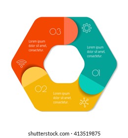 Hexagonal connected infographic diagram. Circular chart with 3 options. Paper progress steps for tutorial with 3 parts. Isolated business concept sequence banner. EPS10 workflow layout.