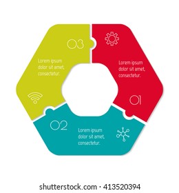 Hexagonal connected infographic diagram. Circular chart with 3 options. Paper progress steps for tutorial with 3 parts. Isolated business concept sequence banner. EPS10 workflow layout.