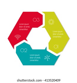 Hexagonal connected infographic diagram. Circular chart with 3 options. Paper progress steps for tutorial with 3 parts. Isolated business concept sequence banner. EPS10 workflow layout.