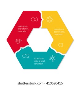 Hexagonal connected infographic diagram. Circular chart with 3 options. Paper progress steps for tutorial with 3 parts. Isolated business concept sequence banner. EPS10 workflow layout.