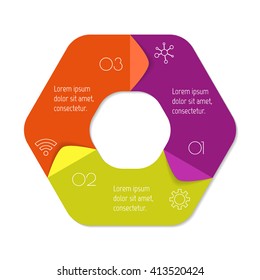 Hexagonal connected infographic diagram. Circular chart with 3 options. Paper progress steps for tutorial with 3 parts. Isolated business concept sequence banner. EPS10 workflow layout.
