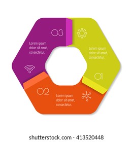 Hexagonal connected infographic diagram. Circular chart with 3 options. Paper progress steps for tutorial with 3 parts. Isolated business concept sequence banner. EPS10 workflow layout.