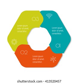 Hexagonal connected infographic diagram. Circular chart with 3 options. Paper progress steps for tutorial with 3 parts. Isolated business concept sequence banner. EPS10 workflow layout.