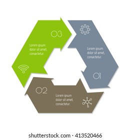 Hexagonal connected infographic diagram. Circular chart with 3 options. Paper progress steps for tutorial with 3 parts. Isolated business concept sequence banner. EPS10 workflow layout.