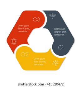 Hexagonal connected infographic diagram. Circular chart with 3 options. Paper progress steps for tutorial with 3 parts. Isolated business concept sequence banner. EPS10 workflow layout.