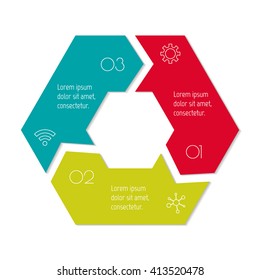 Hexagonal connected infographic diagram. Circular chart with 3 options. Paper progress steps for tutorial with 3 parts. Isolated business concept sequence banner. EPS10 workflow layout.