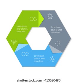 Hexagonal connected infographic diagram. Circular chart with 3 options. Paper progress steps for tutorial with 3 parts. Isolated business concept sequence banner. EPS10 workflow layout.