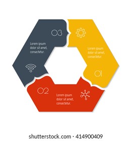 Hexagonal connected infographic diagram. Circular chart with 3 options. Paper progress steps for tutorial with 3 parts. Isolated business concept sequence banner. EPS10 workflow layout.