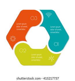 Hexagonal connected infographic diagram. Circular chart with 3 options. Paper progress steps for tutorial with 3 parts. Isolated business concept sequence banner. EPS10 workflow layout.