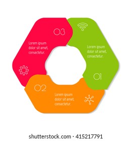 Hexagonal connected infographic diagram. Circular chart with 3 options. Paper progress steps for tutorial with 3 parts. Isolated business concept sequence banner. EPS10 workflow layout.