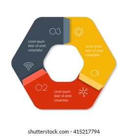 Hexagonal connected infographic diagram. Circular chart with 3 options. Paper progress steps for tutorial with 3 parts. Isolated business concept sequence banner. EPS10 workflow layout.