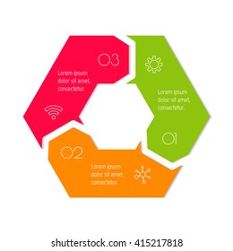 Hexagonal connected infographic diagram. Circular chart with 3 options. Paper progress steps for tutorial with 3 parts. Isolated business concept sequence banner. EPS10 workflow layout.