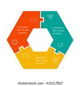 Hexagonal connected infographic diagram. Circular chart with 3 options. Paper progress steps for tutorial with 3 parts. Isolated business concept sequence banner. EPS10 workflow layout.