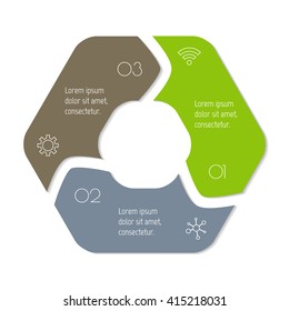 Hexagonal connected infographic diagram. Circular chart with 3 options. Paper progress steps for tutorial with 3 parts. Isolated business concept sequence banner. EPS10 workflow layout.