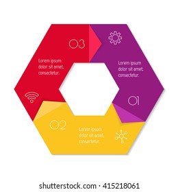 Hexagonal connected infographic diagram. Circular chart with 3 options. Paper progress steps for tutorial with 3 parts. Isolated business concept sequence banner. EPS10 workflow layout.