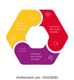 Hexagonal connected infographic diagram. Circular chart with 3 options. Paper progress steps for tutorial with 3 parts. Isolated business concept sequence banner. EPS10 workflow layout.