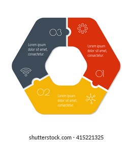 Hexagonal connected infographic diagram. Circular chart with 3 options. Paper progress steps for tutorial with 3 parts. Isolated business concept sequence banner. EPS10 workflow layout.