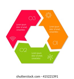 Hexagonal connected infographic diagram. Circular chart with 3 options. Paper progress steps for tutorial with 3 parts. Isolated business concept sequence banner. EPS10 workflow layout.