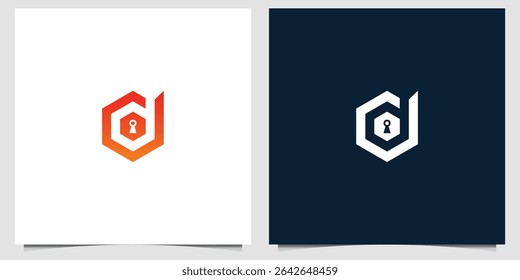 Hexagonal D Letter Security Logo Design with Keyhole in Two Color Schemes