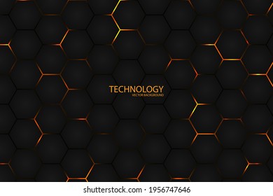 Hexagonal Dark abstract background. Bright yellow light energy flashing under the hexagon in modern futuristic technology background illustration. Black grid honeycomb texture.