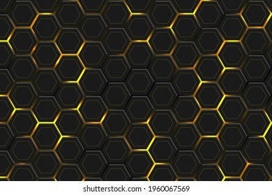 Hexagonal Dark abstract background. Bright yellow light energy flashing under the hexagon in modern futuristic technology background illustration. Black grid honeycomb texture.