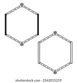 Hexagonal decorative frames. Ornamental outline shapes. Black and white style. Minimal vector elements.
