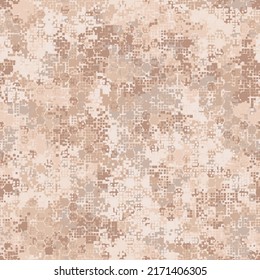 Hexagonal desert storm camouflage seamless pattern vector stock illustration. Beige halftones colored hexagon shapes and pixel chaos. Abstract modern dune camo geometric background.