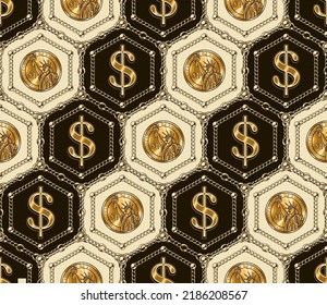 Hexagonal Diagonal Pattern With Shiny Gold Dollar Sign, Gold One Dollar Coins, Chains, Beads, Buttons. Vector Vintage Classic Seamless Background.