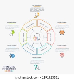 Hexagonal diagram divided into 6 sectors, flat symbols and place for text. Concept of six features of project management. Linear infographic design template. Vector illustration for presentation.