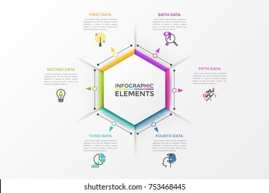 Hexagonal diagram surrounded by 6 colorful arrows pointing at thin line icons and text boxes. Modern infographic design layout. Vector illustration for presentation, website, brochure.