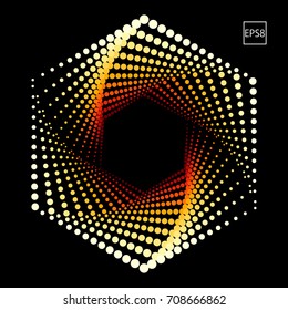 Hexagonal Dotted Frame Design in Gold Orange Tones on Black Background. Modern Vector illustration without Transparency.