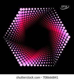 Hexagonal Dotted Frame Design in Magenta Tones on Black Background. Modern Vector illustration without Transparency.