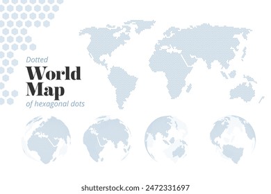 Hexagonal dotted world map and earth globes. Vector illustration template for web design, annual reports, infographics, business presentation, marketing, travel and tourism, social media.