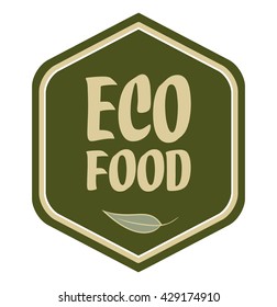 Hexagonal Eco Food label or tag, with leaf. Green and beige colors