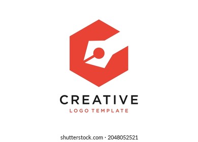 hexagonal education modern logo design with pen negative space