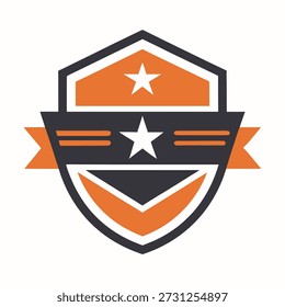 Hexagonal emblem with stars and orange and black accents.