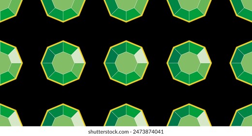 Esmeraldas hexagonales sobre fondo negro Patrón de Vector sin fisuras