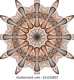 Hexagonal Ethnic Pattern. Seamless Mandala Ornament. Symmetric Motif for Calico, Chintz, Wallpaper