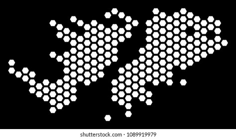 Hexagonal Falkland Islands map. Vector territorial plan on a black background. Abstract Falkland Islands map collage is formed of hexagonal spots.