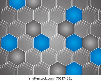 Hexagonal fields made from white strokes. In some of them there are gradient fills - gray or blue. White strokes have a slight shadow. All placed on a gentle gradient.