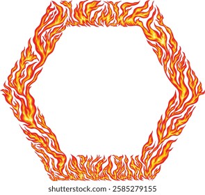 Hexagonal fire frame with realistic burning flames. Perfect for gaming, sports, branding, posters, and tattoo designs. High-resolution vector illustration in EPS format with transparent background.